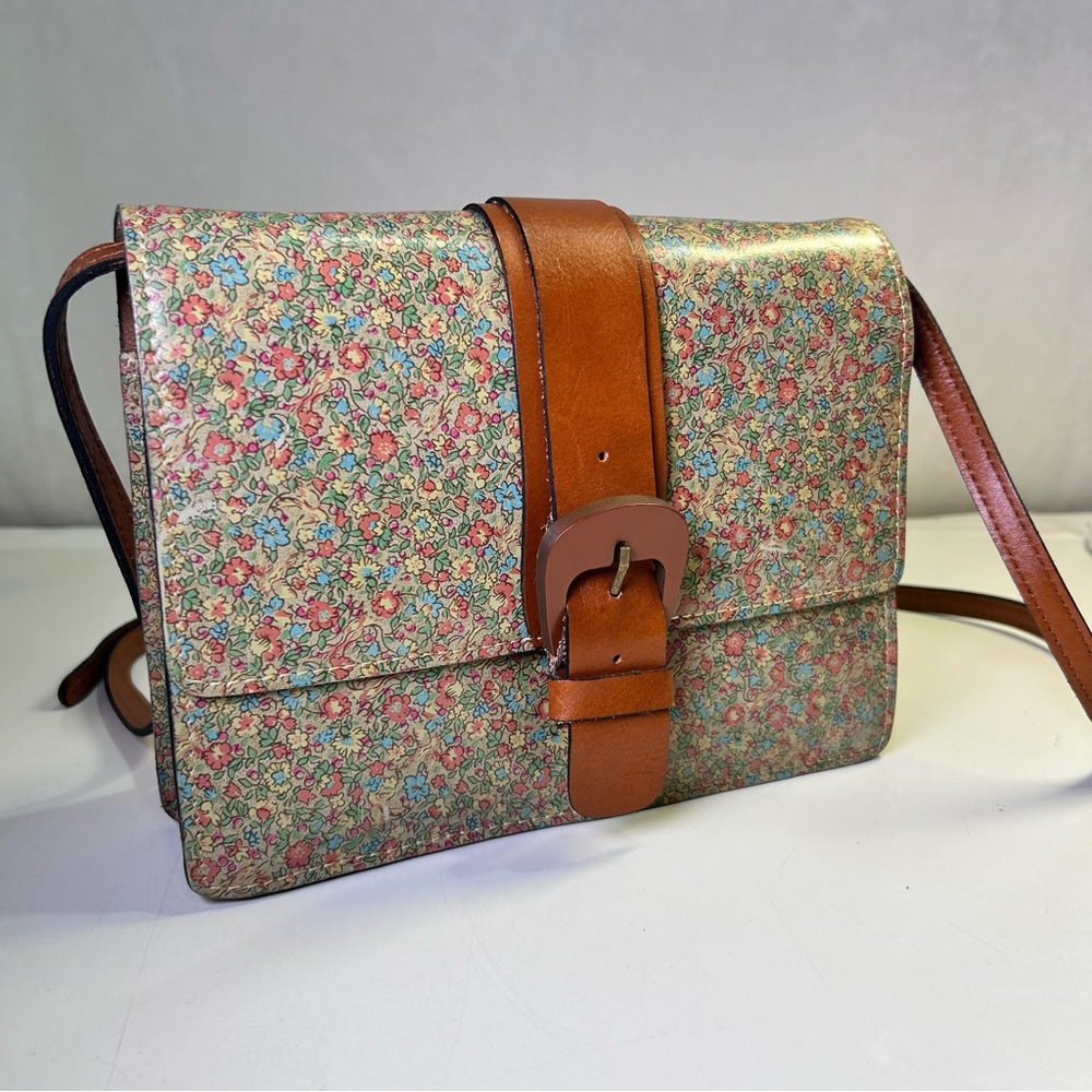 Patricia Nash Floral Print Crossbody with Brown Leather Strap